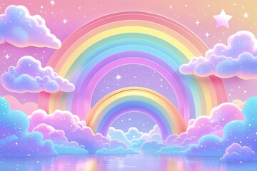 Fototapeta premium Dreamy Holographic Rainbow Background with Clouds and Stars in Pastel Sky Magical Abstract Landscape Illustration