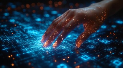 A hand interacting with digital technology, symbolizing innovation and connectivity. Glowing particles highlight the interaction