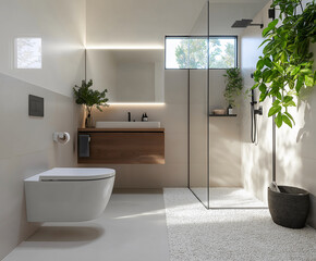 Modern Bathroom with Glass Shower and Greenery &ndash; A Bright and Minimalist Spa-Like Design