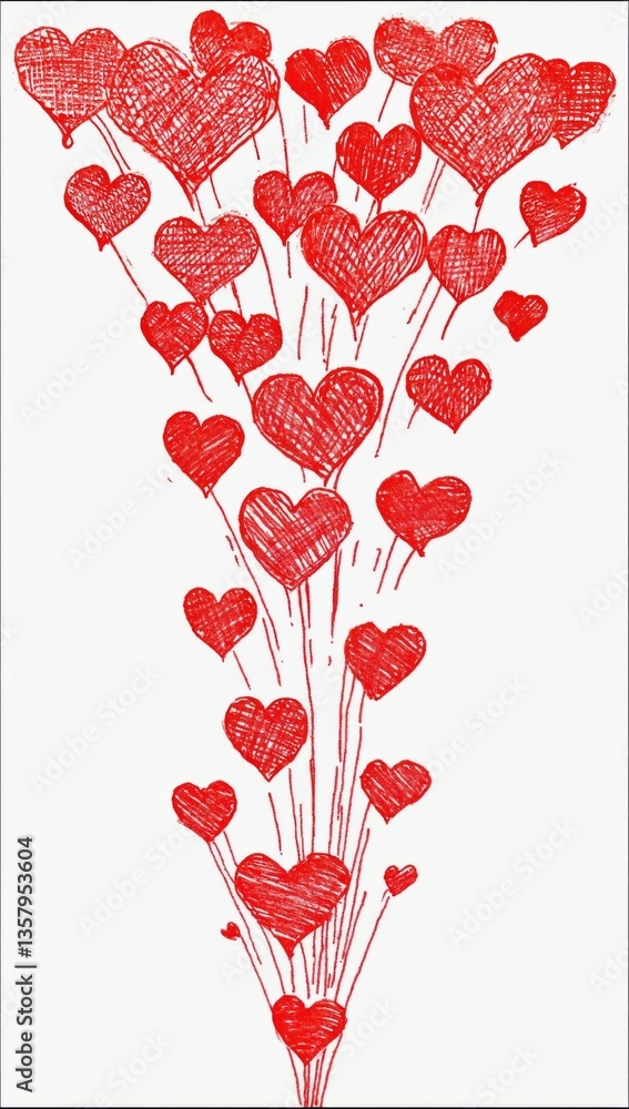 Poster Heart-shaped balloons floating upwards in a whimsical display of colors and patterns, offering a cheerful and festive atmosphere