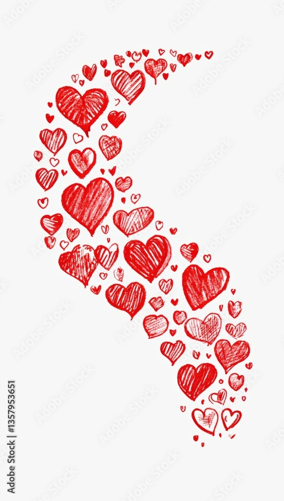 Poster heart shapes arranged in a swirling pattern creating a vivid display of red tones on a white backgro