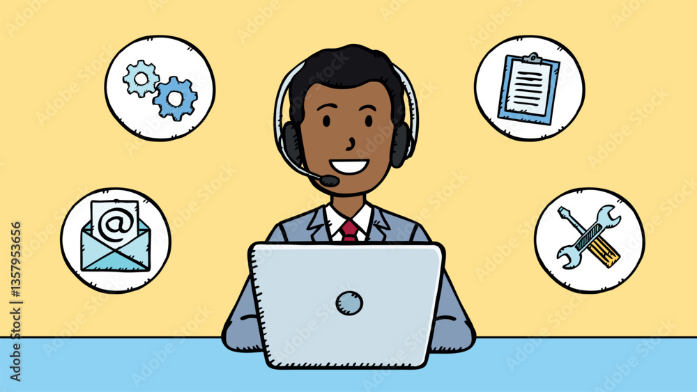 Poster customer service man working on laptop. around the character are icons of email, gears, notepad and 