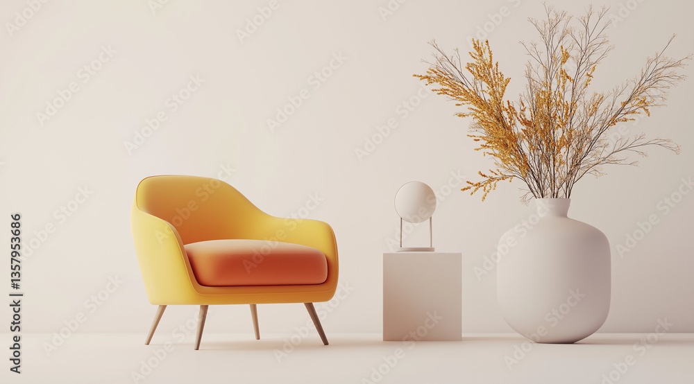 Poster minimalist 3d rendering of orange and yellow armchair with vase and table lamp