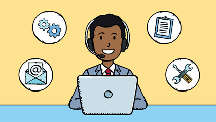 Customer service man working on laptop. Around the character are icons of email, gears, notepad and screwdriver. The man is wearing a headset. Vector graphics in doodle style.