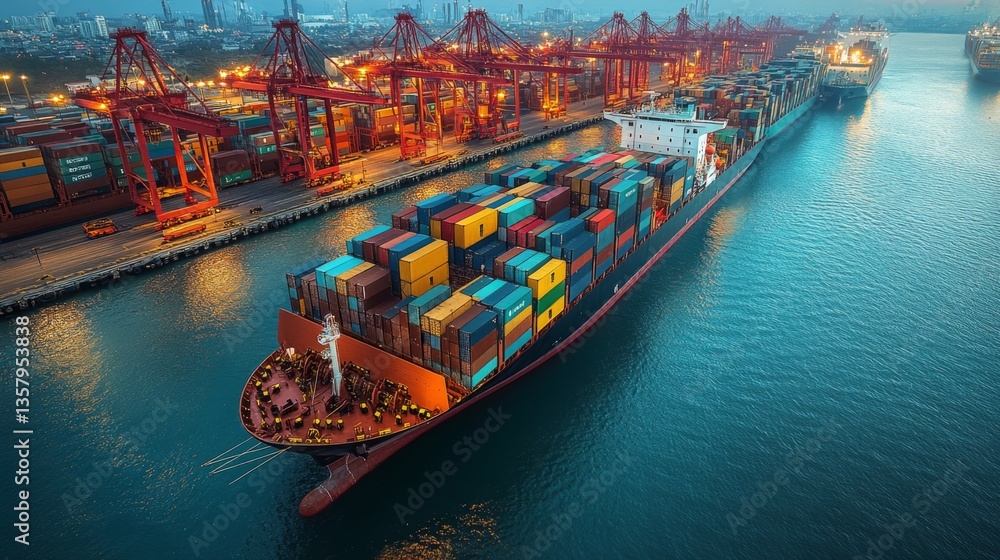 Poster A large container ship is docked at a busy port, surrounded by cranes and multiple vessels. The scene captures the logistics and distribution activities during twilight.