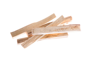 Pile of palo santo sticks on white background, above view