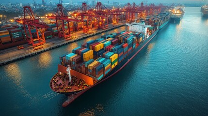 A large container ship is docked at a busy port, surrounded by cranes and multiple vessels. The scene captures the logistics and distribution activities during twilight.