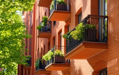 Fototapeta premium Sunlit Apartment Building Balconies With Green Plants