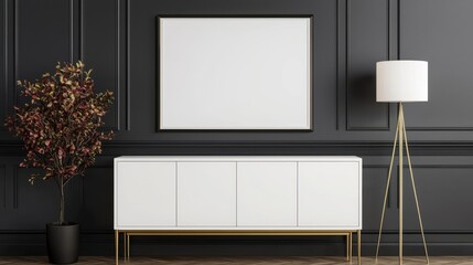 A modern interior featuring a sleek cabinet, a decorative plant, and a stylish lamp against a dark wall with a blank frame.