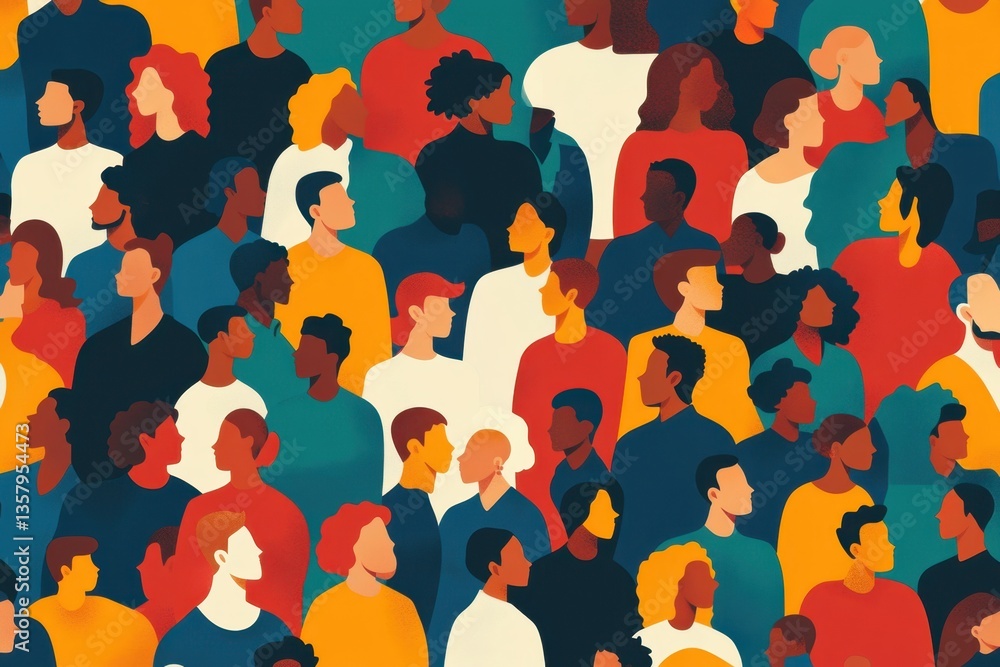 Poster pattern of diverse people, representing unity and diversity in the crowd simple shapes, bright color