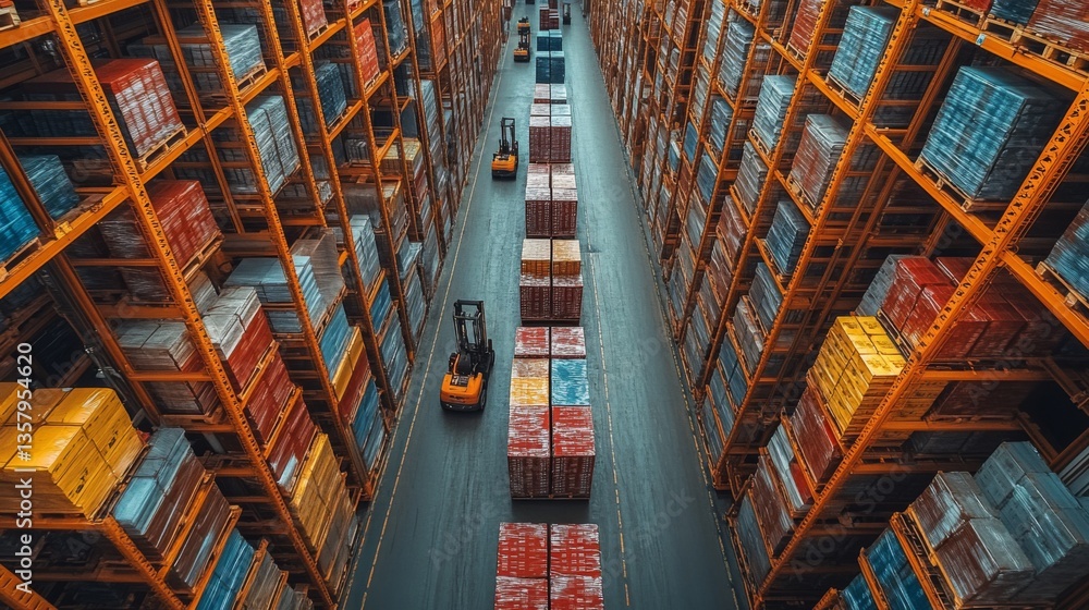 Aufkleber forklifts navigate through a wide aisle between tall shelves filled with orderly stacks of colorful 
