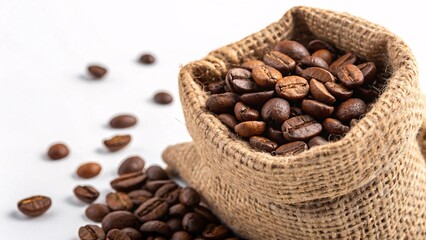 Fototapeta premium Burlap sack spilling aromatic roasted coffee beans on white surface. Created with Ai