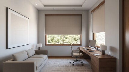 Luxury home minimalist and exclusive, A modern, minimalist home office featuring a light-colored sofa, wooden desk, computer, and large windows with blinds, creating a serene workspace.