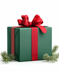 Dark green gift box with red ribbon and bow, adorned with pine sprigs