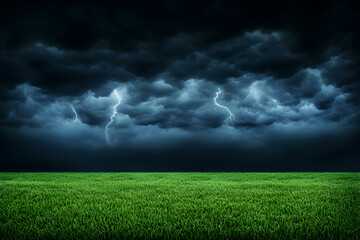 Dark stormy sky over green field with lightning