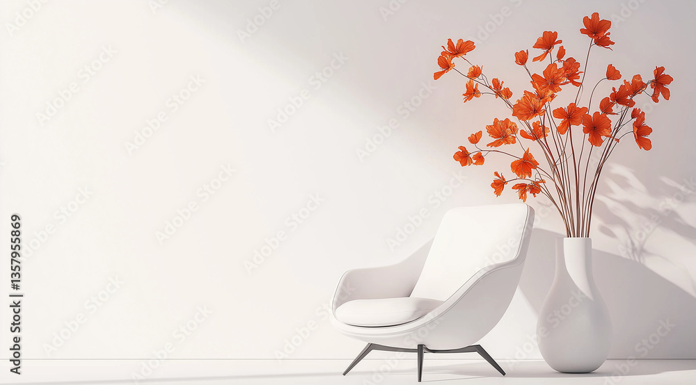 Poster minimalist 3d rendering of orange and yellow armchair with vase and table lamp