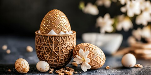 Three decorated eggs sit in a basket surrounded by colorful flowers and a vase.