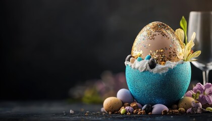 A decorative blue egg adorned with gold, symbolizing Easter festivities.