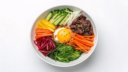 Korean bibimbap bowl with vibrant fresh ingredients and egg yolk centerpiece on white background. Created with Ai