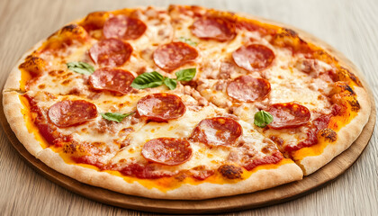 Delicious pepperoni pizza on wooden board, sliced and garnished with basil