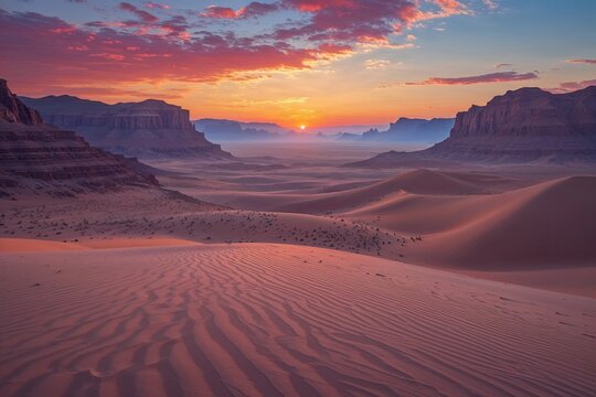 Stunning Desert Sunset Panorama with Vibrant Colors for Travel Marketing Design