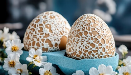 Two decorated eggs sit in a blue bowl surrounded by white flowers, symbolizing Easter celebration.