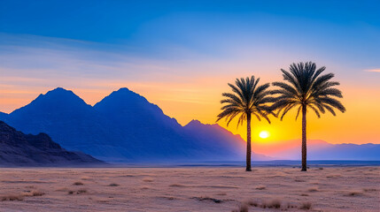 Desert sunrise with two palm trees silhouetted against vibrant sky and mountains