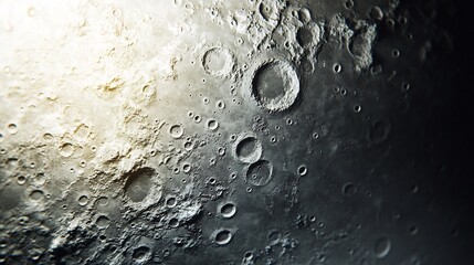 Close up of moon's craters under sharp light on a gray rocky themed background