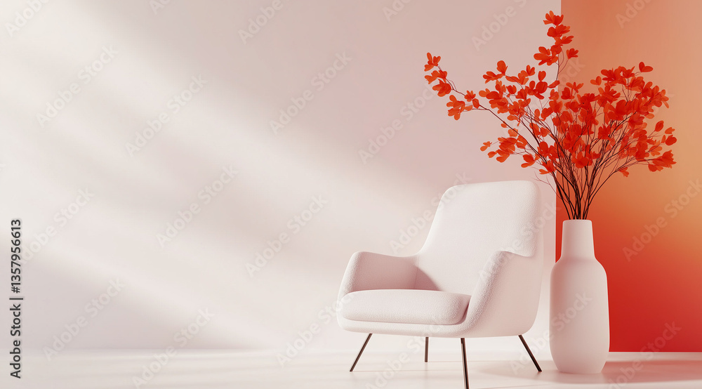 Poster minimalist 3d rendering of orange and yellow armchair with vase and table lamp
