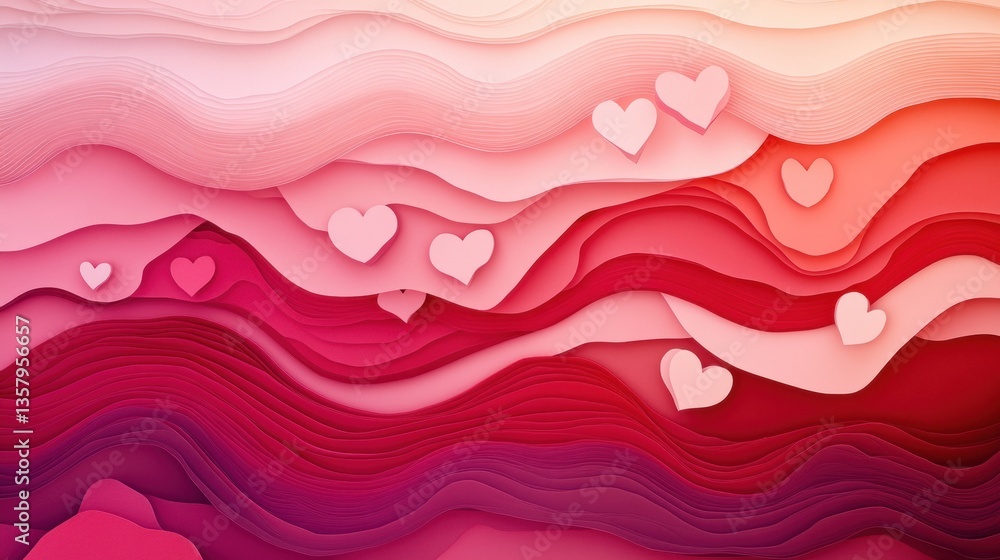 Leinwandbilder romantic layered paper cut background featuring floating hearts in soft red and pink gradients gener