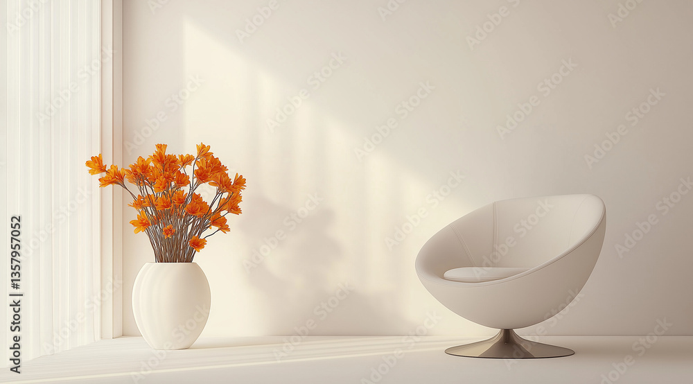 Poster minimalist 3d rendering of orange and yellow armchair with vase and table lamp