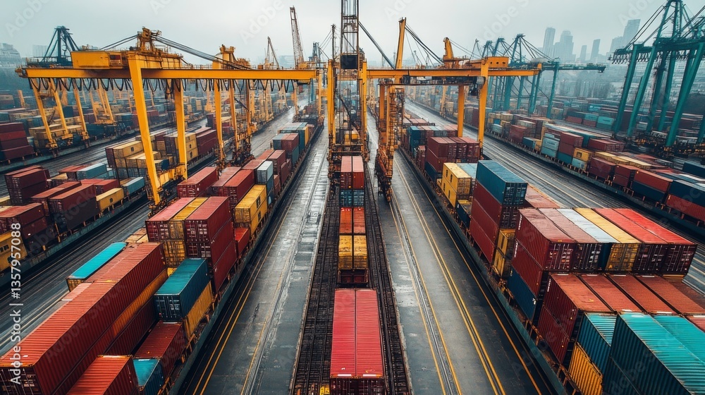 Aufkleber a busy logistics hub features towering cranes and rows of colorful shipping containers in a warehous