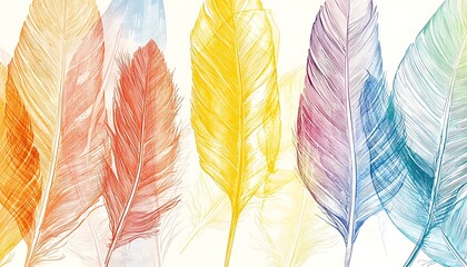 Minimalist feather line art filled with colors