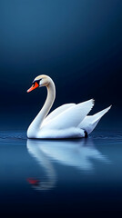 Obraz premium Elegant white swan gracefully floats on calm, dark blue water, its reflection mirroring perfectly