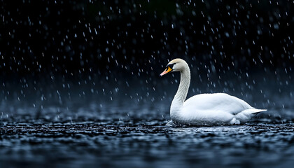 Elegant white swan gracefully glides on dark water under heavy rain