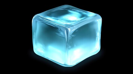 Glowing Ice Cube on Black Background Perfect for Cooling Refreshment and Design Elements