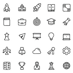Education and Startup Doodle Icon Set – Hand-Drawn Vector Line Icons Featuring Rocket, Book, Graduation Cap, Trophy, Compass, Globe, Briefcase, Lightbulb, Gears, and Cloud for Learning, Innovation, an