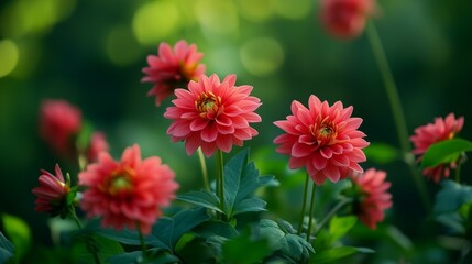 Vibrant Red Dahlias Blooming in a Green Garden Background
