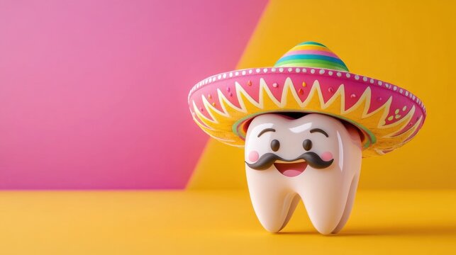 Smiling tooth with sombrero and mustache on vibrant background. Cinco de Mayo, Battle of Puebla Day, Mexican Heritage Festival - Latin American Cultural Celebration