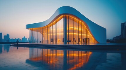Modern art center reflecting in tranquil water at dawn