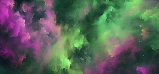 Fototapeta premium Colorful cosmic nebula swirling in vibrant shades of green and pink against a dark background