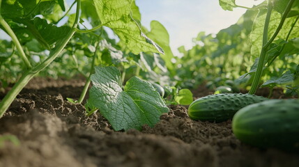 Obraz premium Fresh cucumbers growing in a garden with lush greenery 