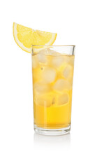 Refreshing iced tea with slice of lemon in glass isolated on white