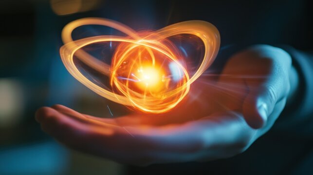 Illuminating Energy A Hand Holding a Glowing Atomic Structure with Interlocking Rings