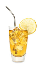 Refreshing tea with ice cubes, drinking straw and slice of lemon isolated on white