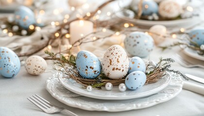 Obraz premium A collection of blue and white eggs arranged neatly on a pristine white plate, showcasing a visually appealing contrast and delicate design.