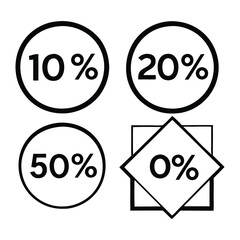 Bold Outline Discount Labels Vector Set – Clean Black and White Icons Featuring 10%, 20%, 50%, and 0% in Circular and Diamond Shapes for Sales, Ecommerce Promotions, Online Shopping Banners, and Retai