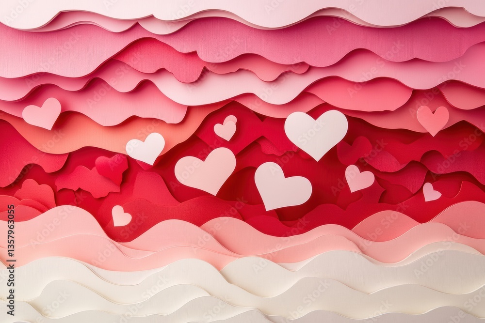 Poster romantic layered paper cut background featuring floating hearts with soft red and pink gradients and