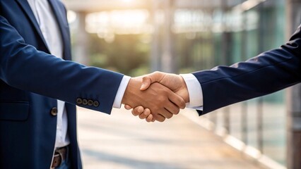 Business handshake in corporate environment symbolizing successful agreement. Background for business use. Created with Ai