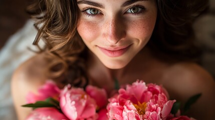 Naklejka premium Close-up portrait of a woman with freckles, holding pink peonies
